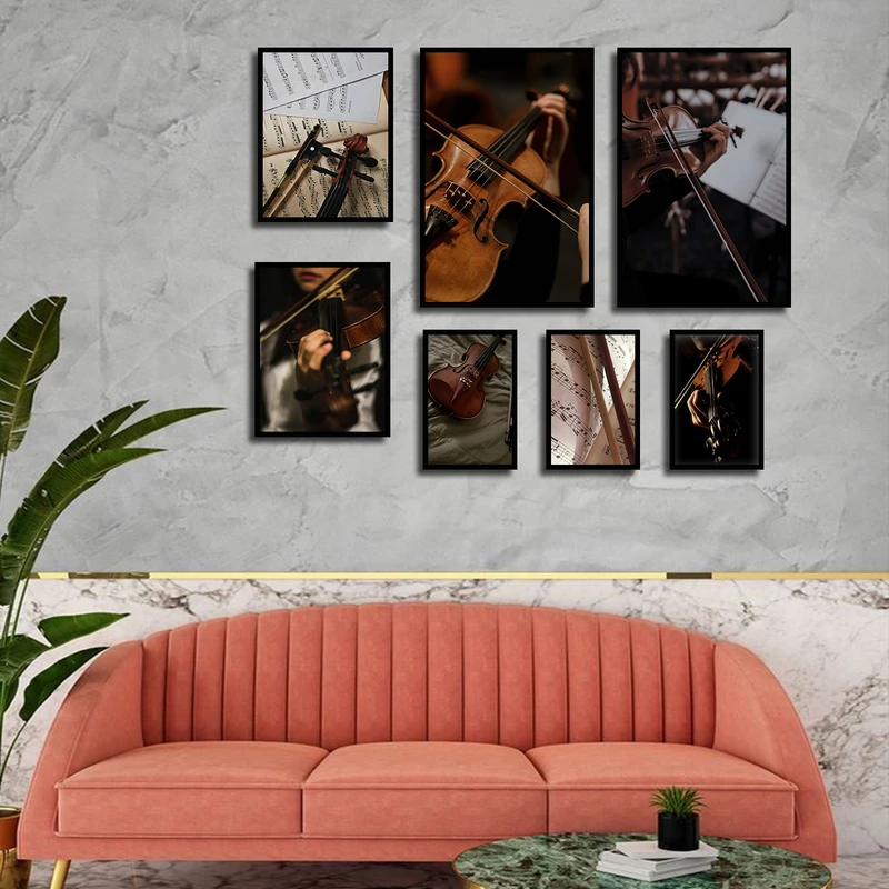 تابلو بکلیت طرح نت موسیقی و ساز ویولن مدل B-3667 فریم مشکی مجموعه 7 عددی