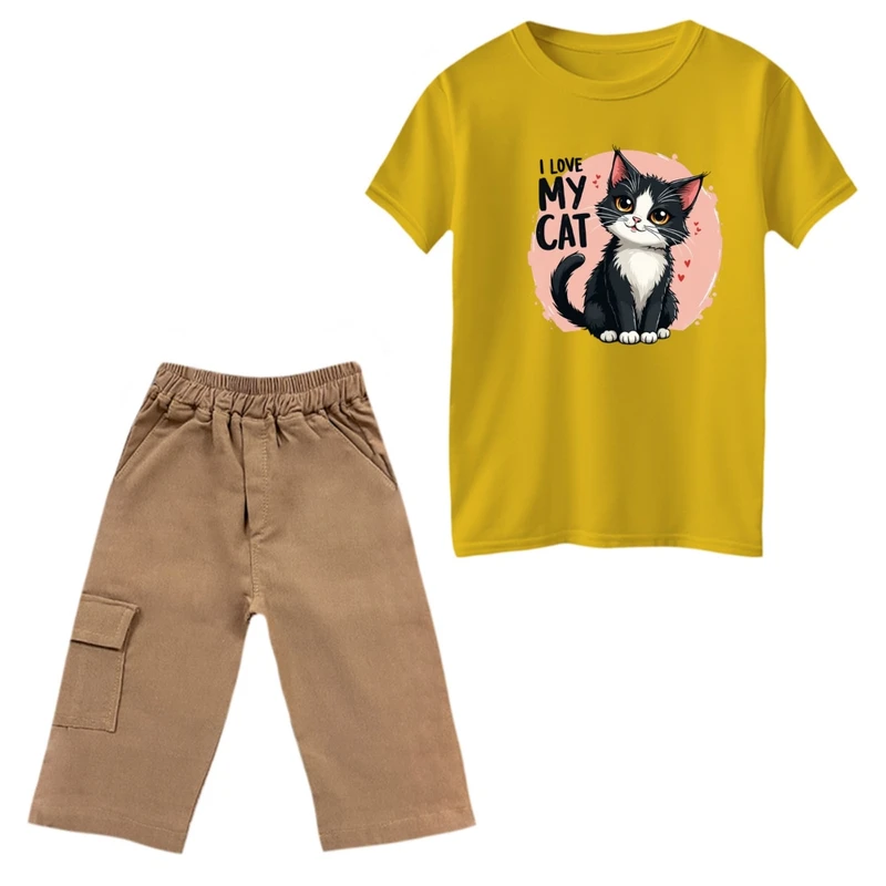 ست تی‌شرت و شلوارک دخترانه مدل گربه