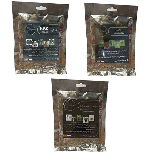 کود فسفر ریشه زایی (10-52-10) و محرک رشد (هیومیک اسید) و کنفیدور مدل raw material وزن 150 گرم بسته 3 عددی