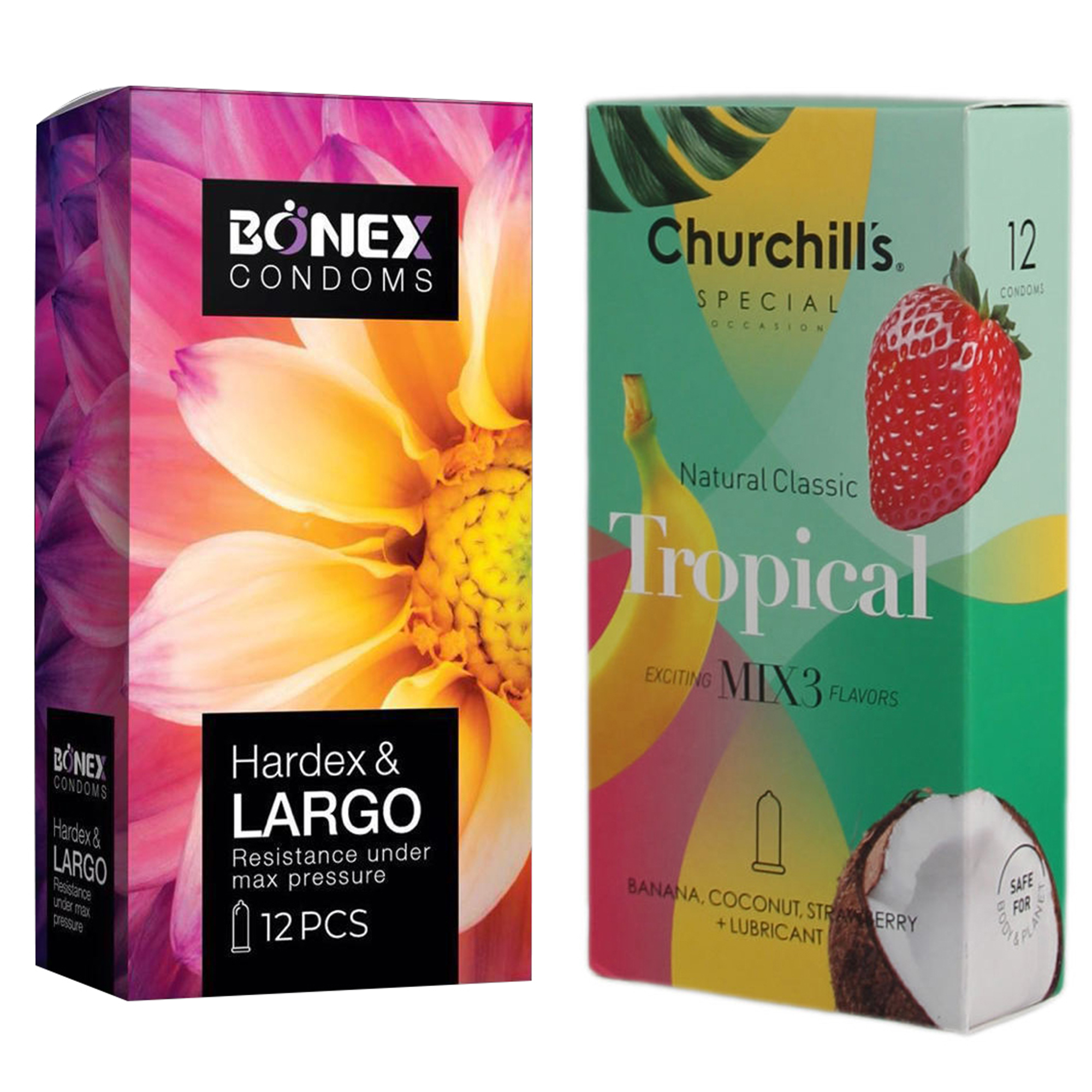کاندوم چرچیلز مدل Tropical بسته 12 عددی به همراه کاندوم بونکس مدل Hardex & Largo بسته 12 عددی 