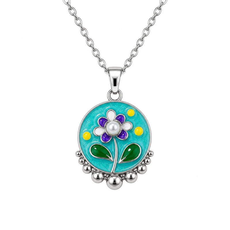 گردنبند زنانه مدل مینا کاری طرح گل و مروارید