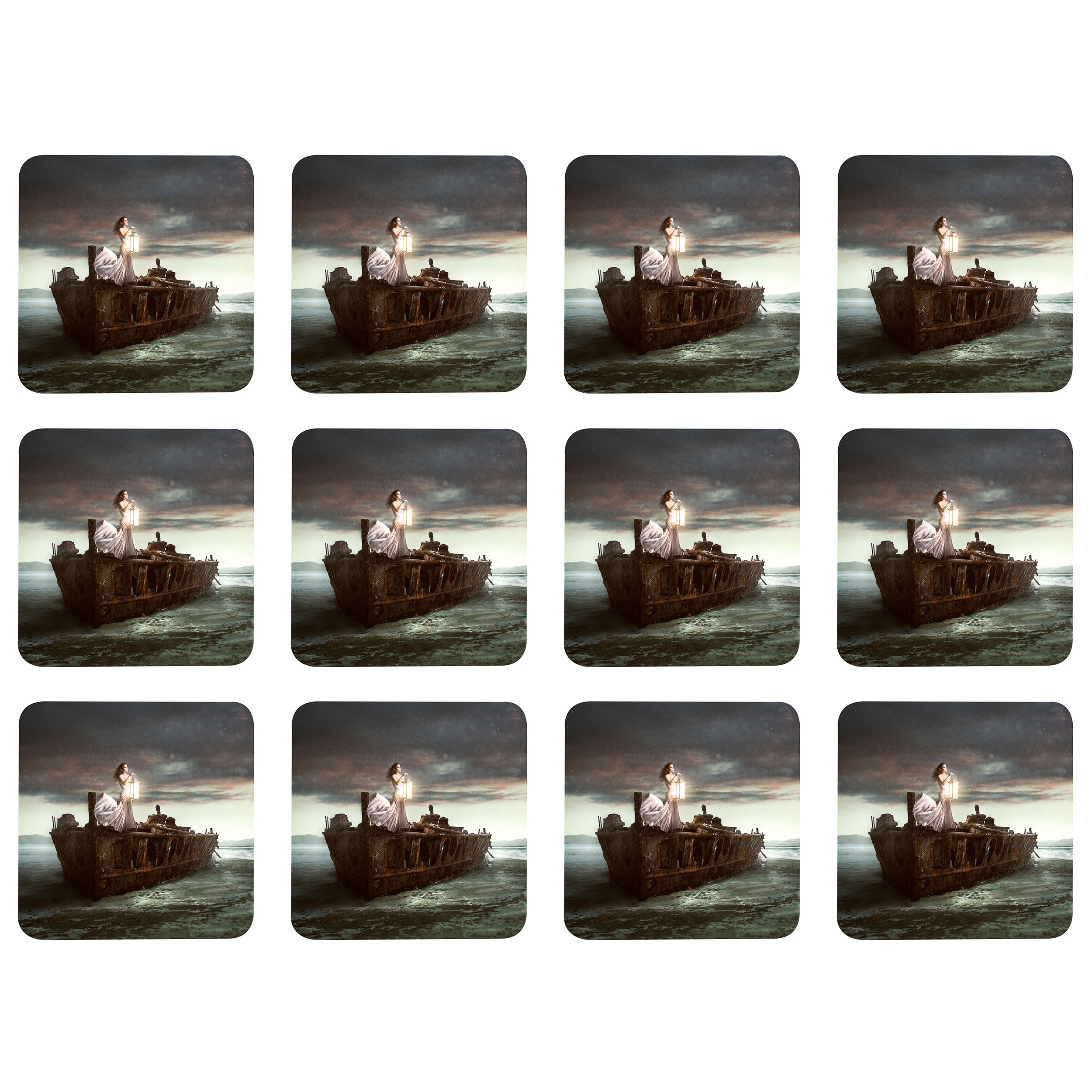 زیر لیوانی مدل Z1005 طرح نقاشی دریا و کشتی و فانوس و دختر بسته 12 عددی