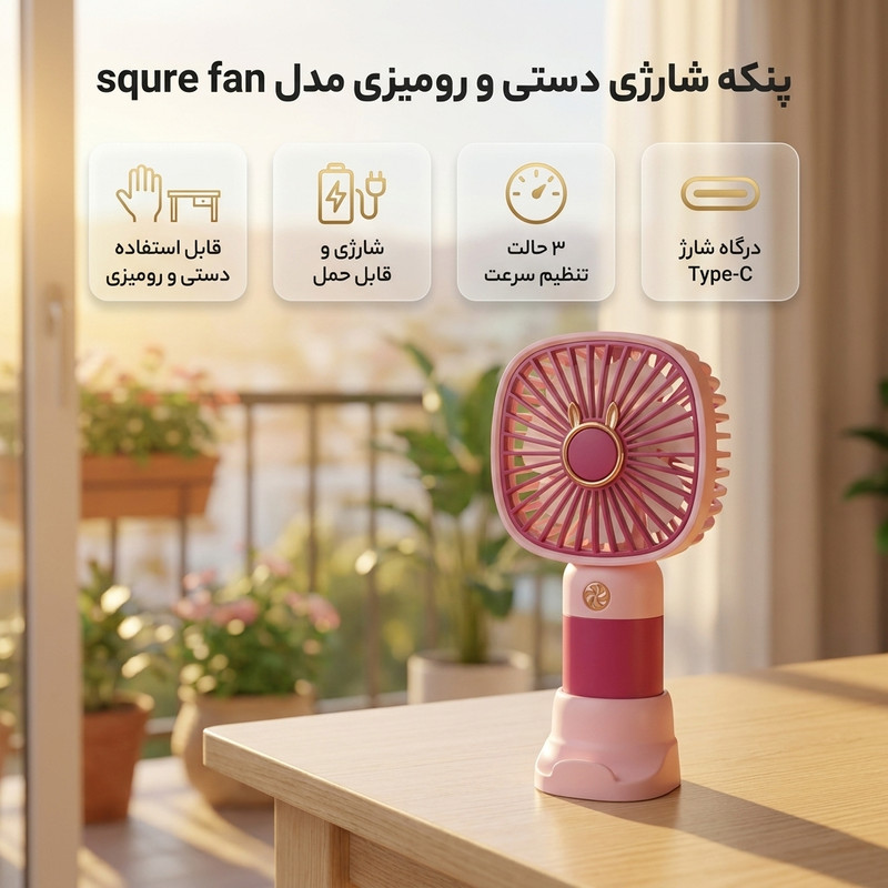 پنکه‌ رومیزی شارژی مدل همراه 3 حالته پایه دار کد Square Mini Cooling Fan