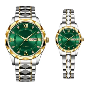 ست ساعت مچی عقربه‌ای زنانه و مردانه مدل کوارتز کلاسیک دی دیت بند استیل طرح تراش الماسی کد 1.1