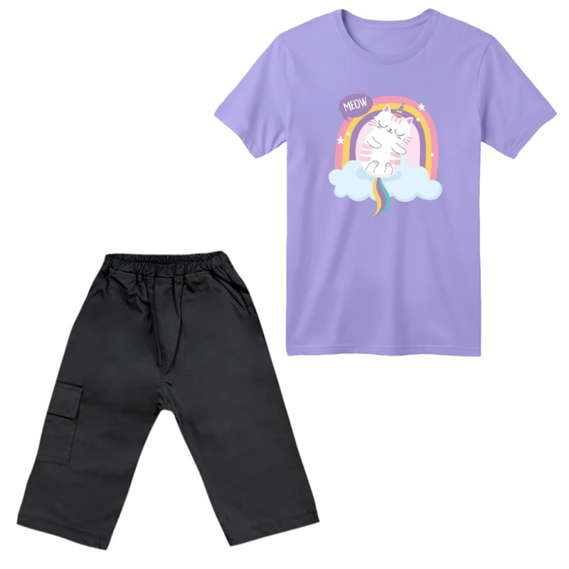 ست تی‌شرت آستین کوتاه و شلوارک دخترانه مدل گربه رنگین کمون رنگ یاسی