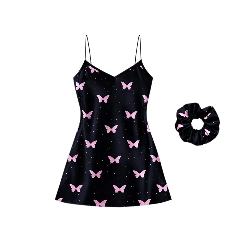 لباس خواب زنانه مدل ساتن ابریشم طرح پروانه خالدار کد 664012 به همراه اسکرانچی مو