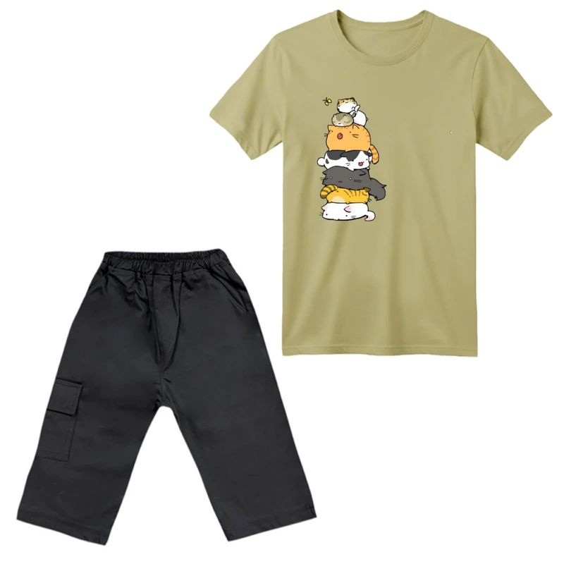 ست تی‌شرت آستین کوتاه و شلوارک پسرانه مدل گربه کد ۶ رنگ نسکافه‌ای