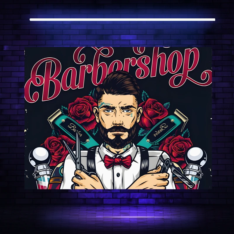 تابلو بوم مخمل بلک لایت طرح آرایشگاه مردانه مدل دیپ کد BK23263