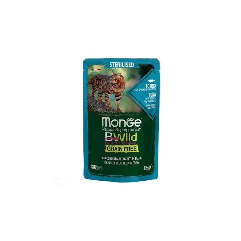 پوچ گربه بالغ مونژه مدل BWILD Sterilised Shrimps and Vegetables طعم ماهی تن و میگو وزن 85 گرم