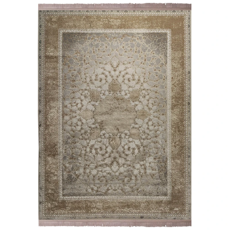 فرش ماشینی 1200شانه زمرد مشهد زمینه بژ حاشیه طوسی طرح پتینه