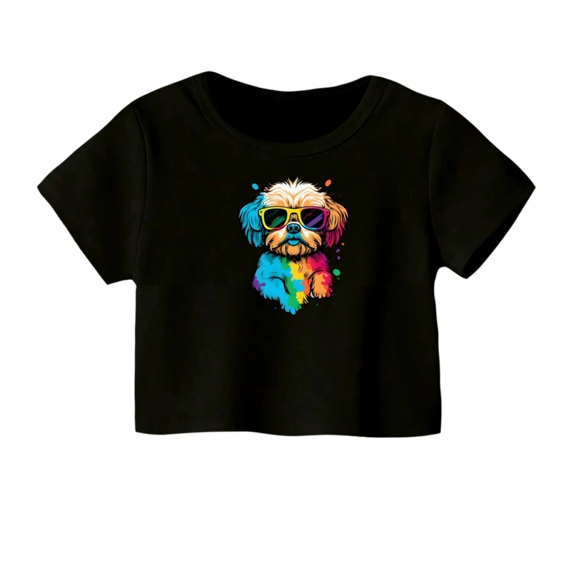 کراپ‌ تی‌شرت آستین کوتاه زنانه مدل سگ کارتونی