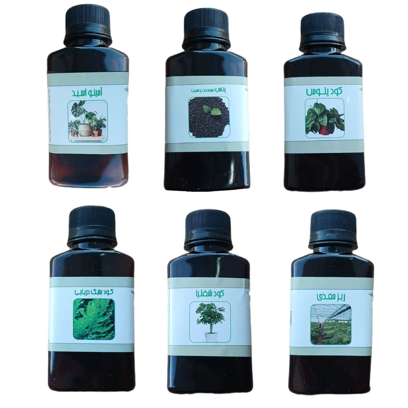 کود مایع پتاس و امینو اسید و پتوس و جلبک دریایی و ریز مغذی و کود شفلرا مدل life drop حجم 110 میلی لیتر بسته 6 عددی