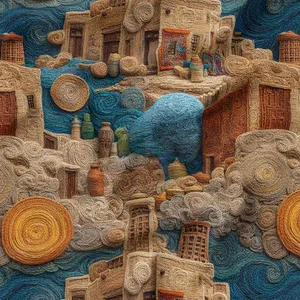 پارچه ملحفه عرض 1.5 متر پارچه باما طرح سه بعدی روستای قدیمی ایرانی کد 5015285 رنگ قهوه‌ای روشن