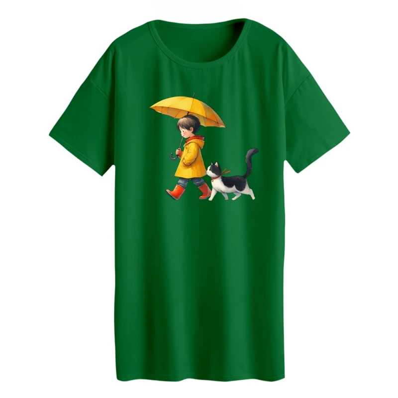 تی شرت لانگ زنانه مدل دخترک و گربه کد 2