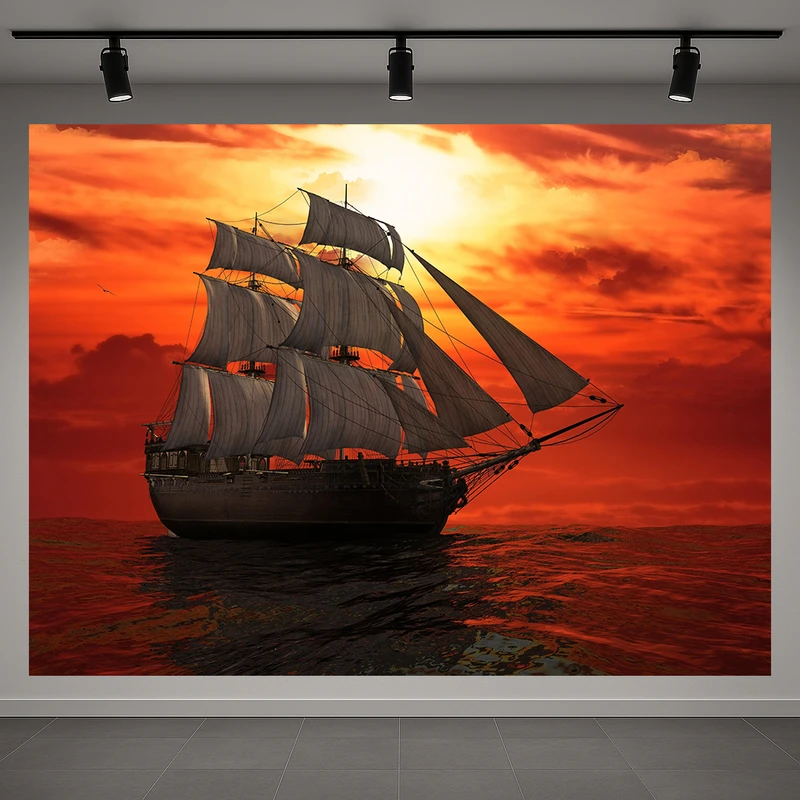 تابلو بوم طرح مخمل کشتی و دریا مدل غروب خورشید کد AR3059427