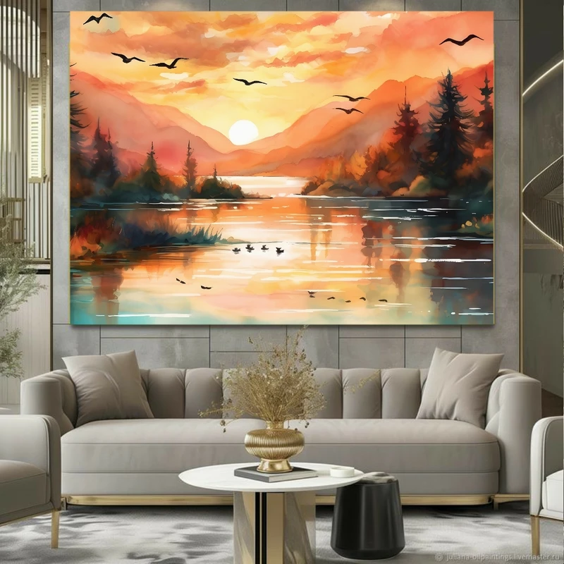 تابلو بوم طرح برکه مدل غروب خورشید کد GR1580