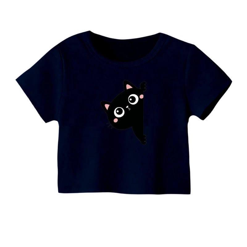 کراپ‌ تی‌شرت آستین کوتاه زنانه مدل گربه سیاه رنگ سرمه ای