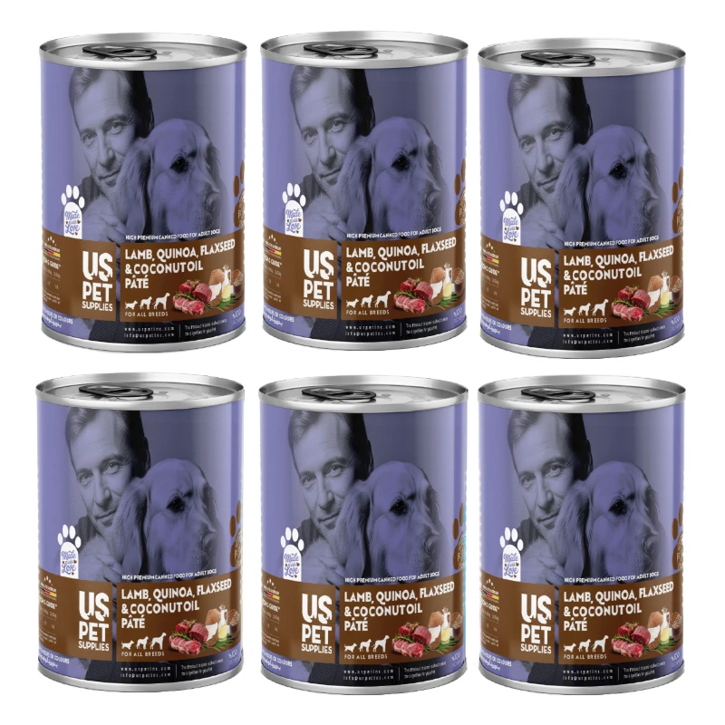 کنسرو غذای سگ یو اس پت مدل های پریمیوم با طعم گوشت بره، کینوآ، تخم کتان و روغن نارگیل بسته 6 عددی