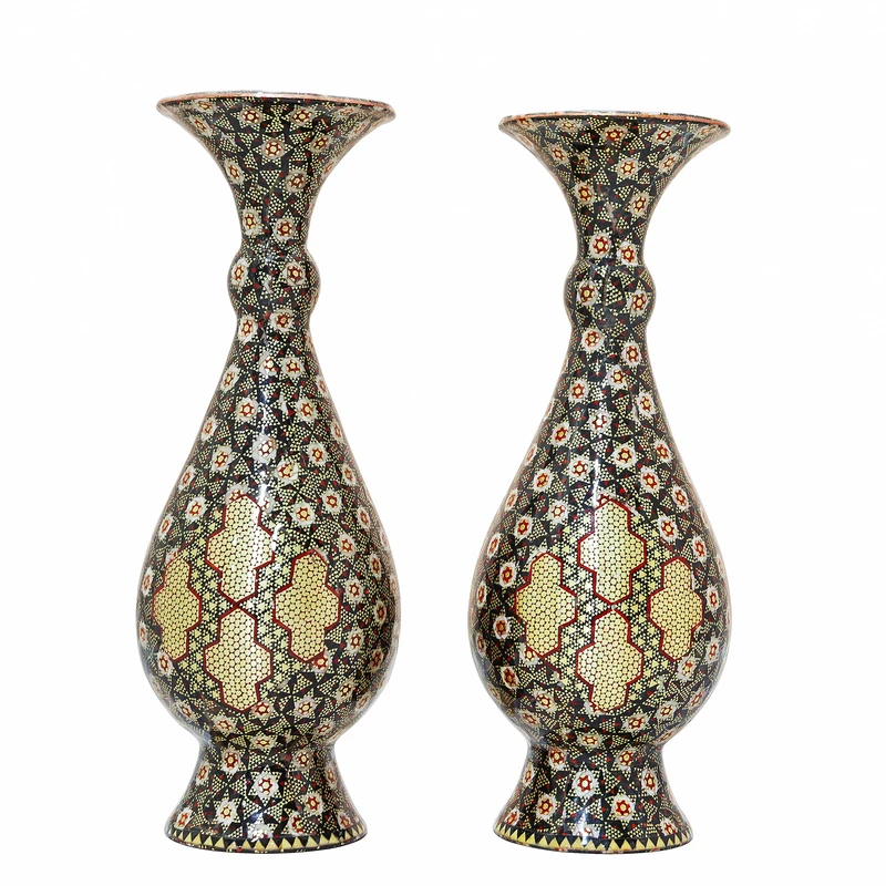گلدان خاتم کاری مسی صنایع دستی فاخر مدل صراحی تمام خاتم طرح پرسیم کد MQDark-Vase21p7 بسته 2 عددی