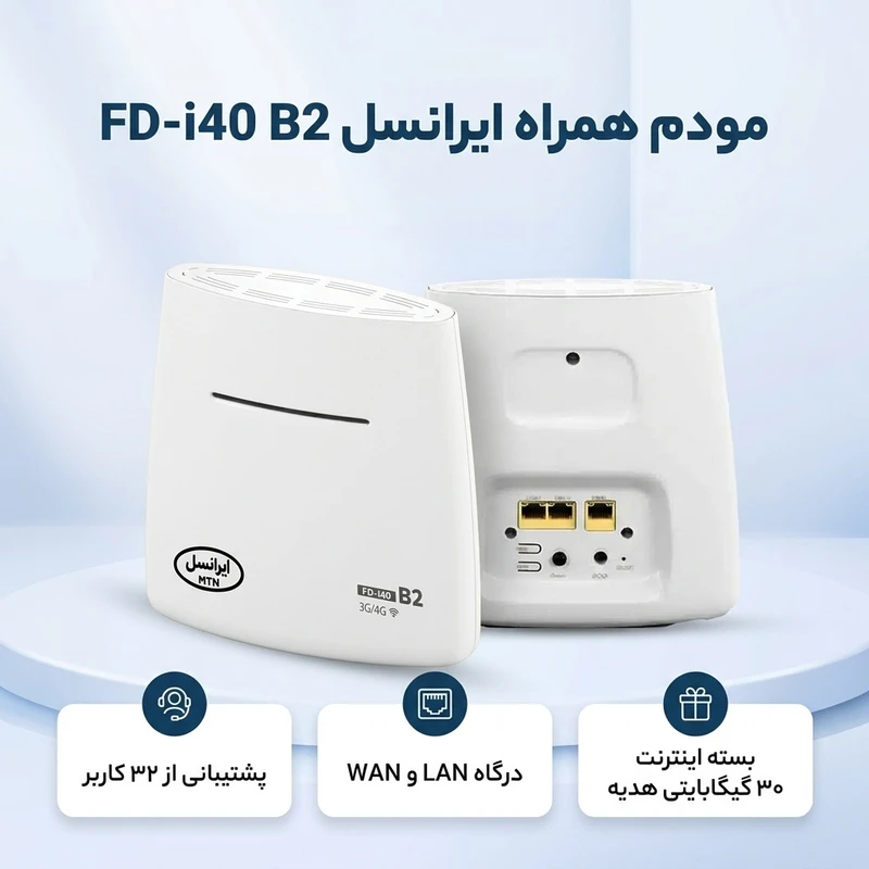 عکس شماره 3 : مودم همراه ایرانسل مدل fd-i40 b2 بی سیم 4g با پشتیبانی 32 کاربر، درگاه lan، قابلیت استفاده خانگی و اداری، منبع انرژی آداپتور برق، به همراه بسته اینترنت 30 گیگابایتی هدیه