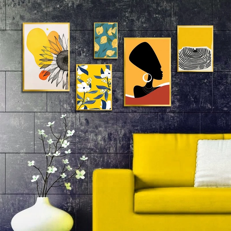 تابلو ساده بکلیت طرح نقاشی چهره آفریقایی و گل مدل شاین اکلیلی T-2722 فریم طلایی  مجموعه 5 عددی