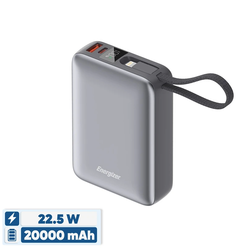 پاوربانک 22.5 وات انرجایزر مدل UE20085PQ ظرفیت 20000 میلی‌آمپرساعت به همراه کابل متصل لایتنینگ