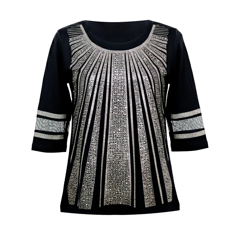 بلوز آستین سه ربع یقه گرد زنانه مدل توری طرح نگین دار خطی