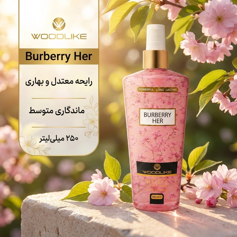 بادی اسپلش زنانه وودلایک مدل Burberry Her حجم 250 میلی‌لیتر