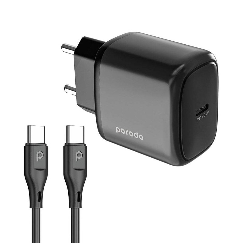 شارژر دیواری ۲۰ وات پرودو مدل PD-20WEUCC-BK  به همراه کابل تبدیل USB-C