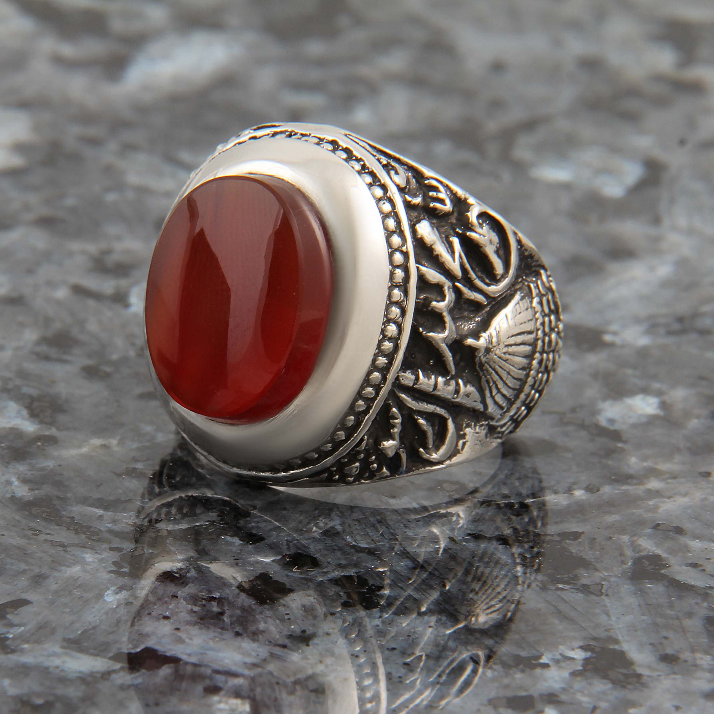 انگشتر نقره مردانه بازرگانی میلادی مدل سنگ عقیق یمنی کهنه رکاب دست ساز سیاه قلم کد AM_1659