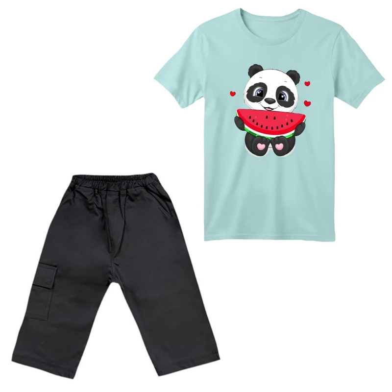 ست تی‌شرت آستین کوتاه و شلوارک دخترانه مدل پاندا هندوانه یلدایی کد 2