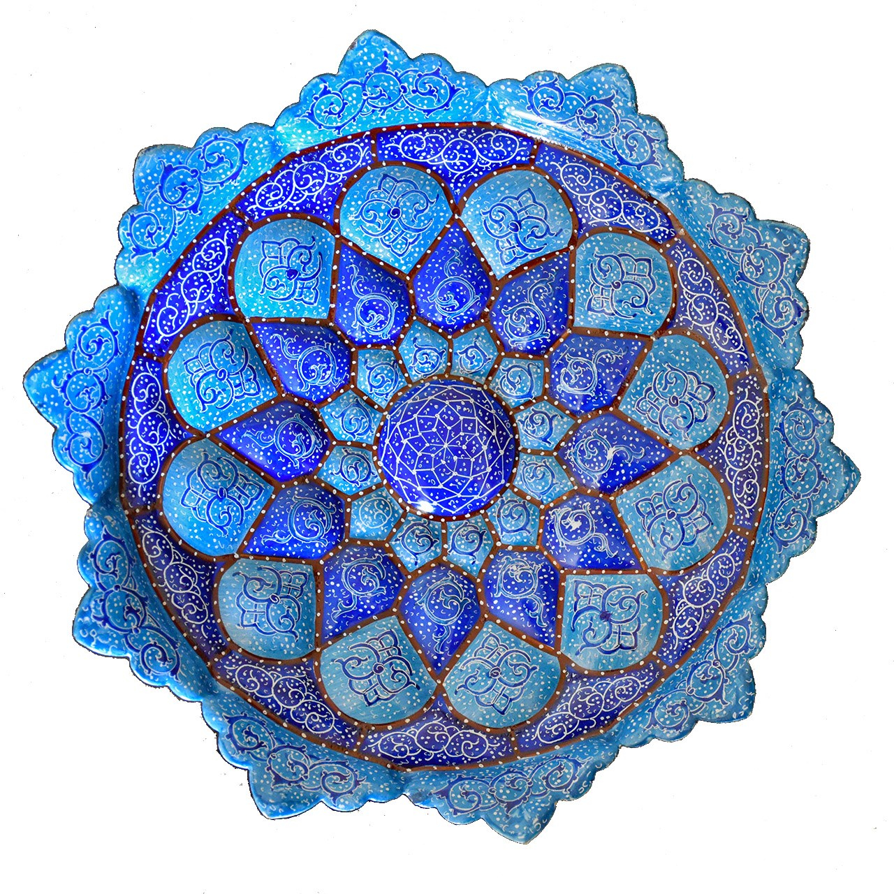 بشقاب مسی میناکاری شده سی دا طرح اسلیمی خطائی کد MI01069 قطر 20 سانتی متر