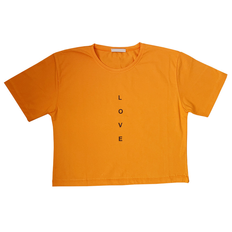تی شرت آستین کوتاه زنانه مدل کراپ طرح LOVE رنگ نارنجی