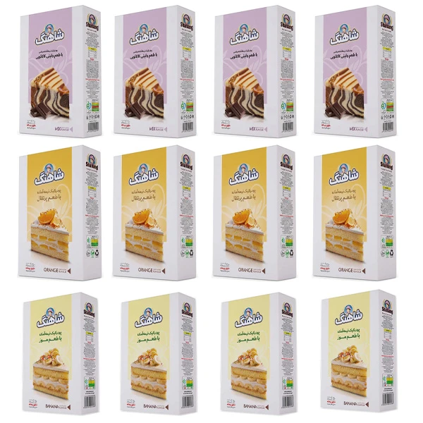 پودر کیک وانیل کاکائویی و موز و پرتقال شاهنگ - 250 گرم بسته 12 عددی