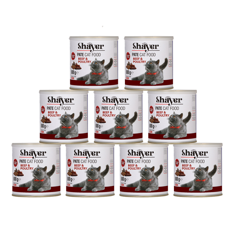 کنسرو گربه شایر مدل گوشت قرمز وگوشت طیور وزن 800 گرم بسته 8 عددی