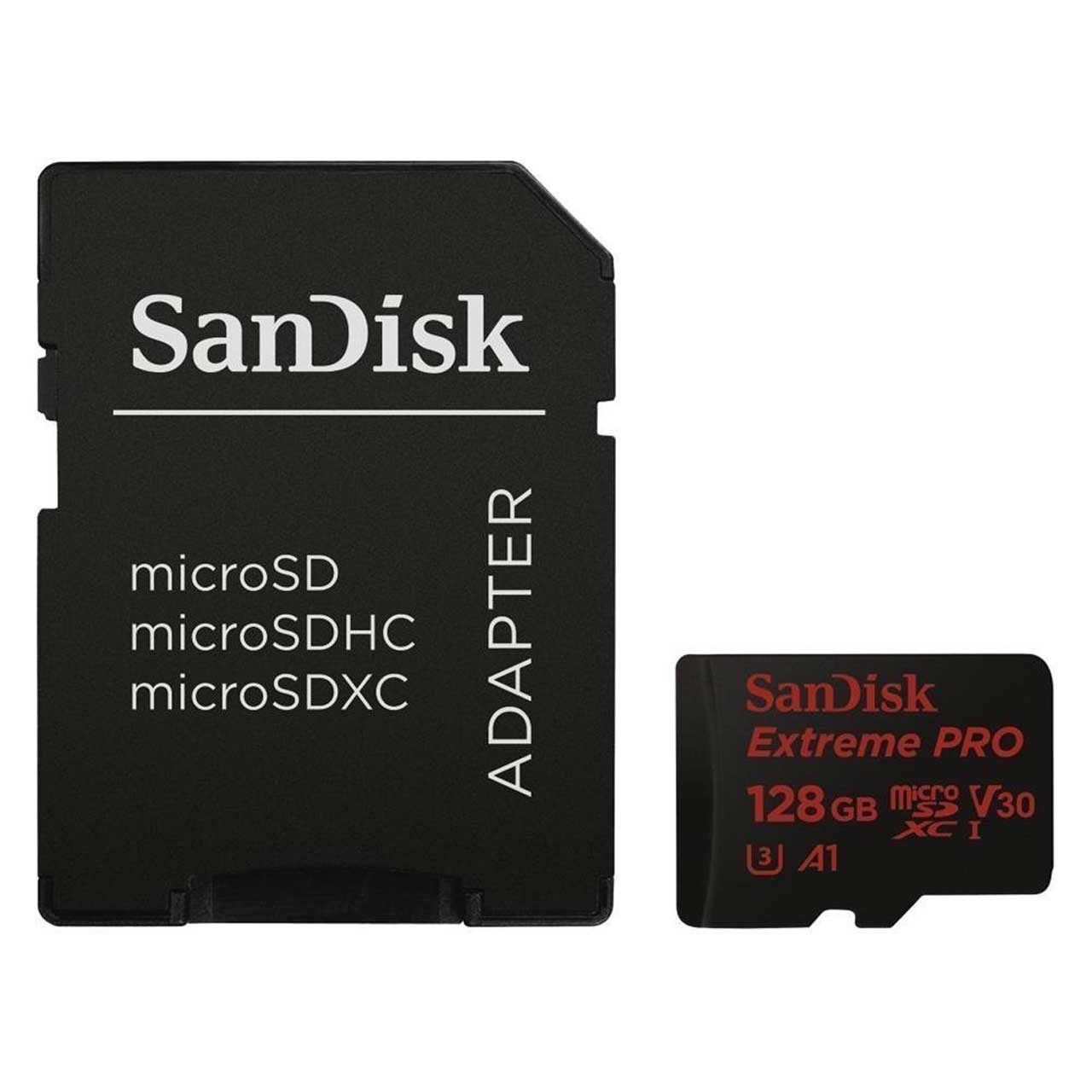 کارت حافظه microSDXC سن دیسک مدلExtreme Pro V30 کلاسA1 استاندارد UHS-I U3 سرعت 100MBps 667X ظرفیت 128 گیگابایت