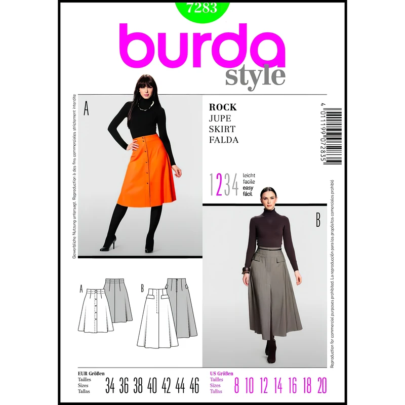 الگو خیاطی دامن زنانه بوردا استایل کد 7283 سایز 34 تا 46 متد مولر