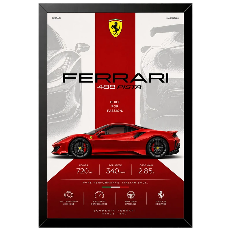 تابلو بکلیت طرح ماشین و خودرو فراری Ferrari 488 Pista مدل B-az1030 فریم مشکی