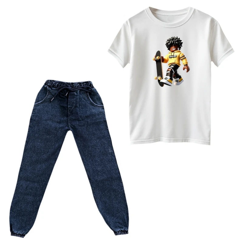 ست تی‌شرت و شلوار پسرانه مدل روبلاکس و اسکیت کد 2 رنگ سفید