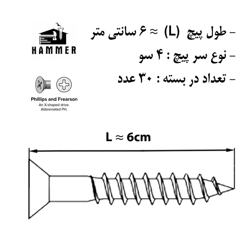 پیچ چوب هامر مدل چهارسو کد 4so-6cm مجموعه 30 عددی