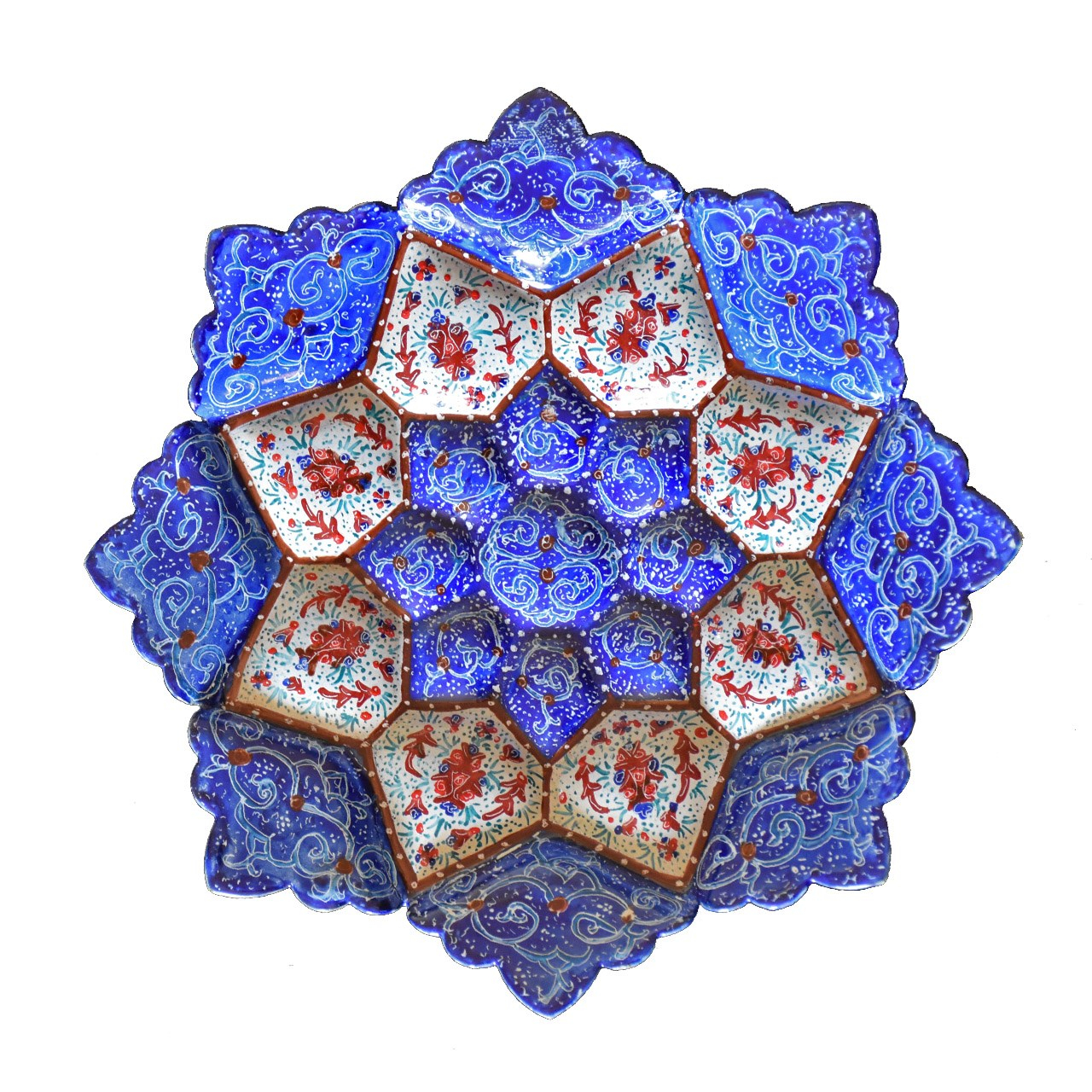 بشقاب مسی میناکاری شده سی دا طرح اسلیمی خطائی کد MI01072 قطر 16 سانتی متر