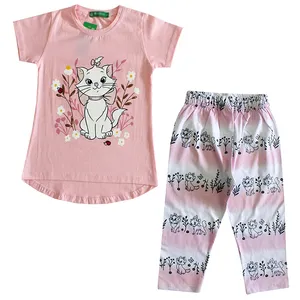 ست تی شرت و شلوارک دخترانه مدل گربه رنگ صورتی