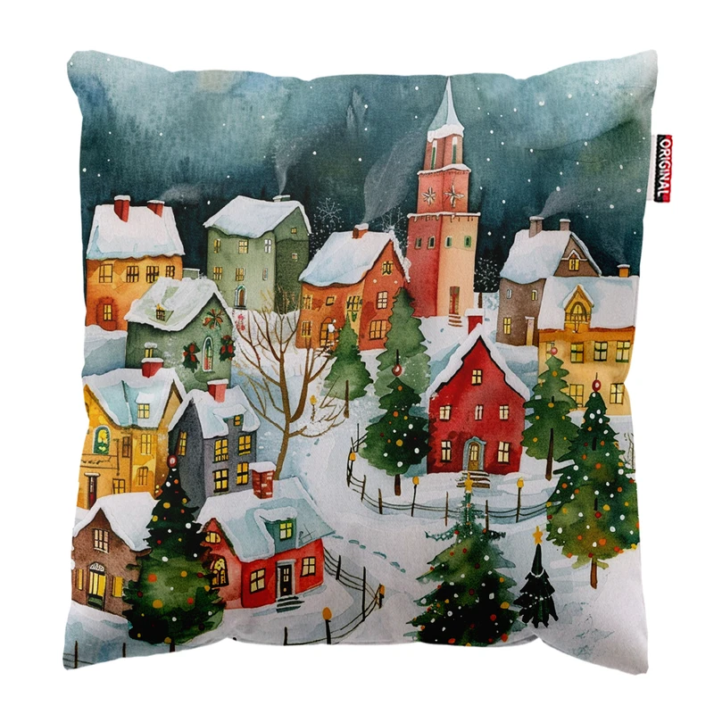 کوسن پاد آفرین مدل زمستان طرح دهکده برفی کد PK302544 سایز 30*30 سانتی متر 