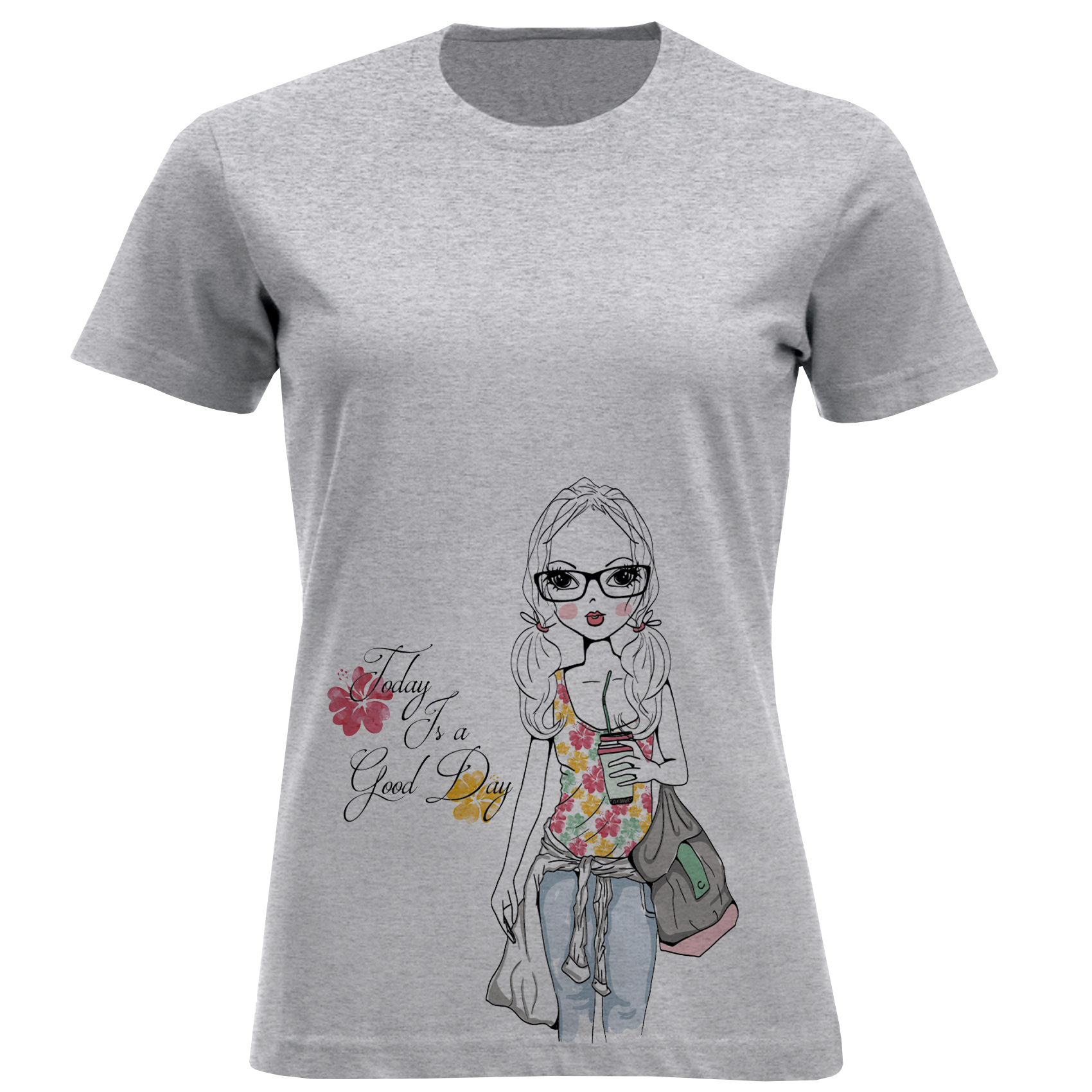 تی شرت آستین کوتاه زنانه مدل دخترعینکی D983