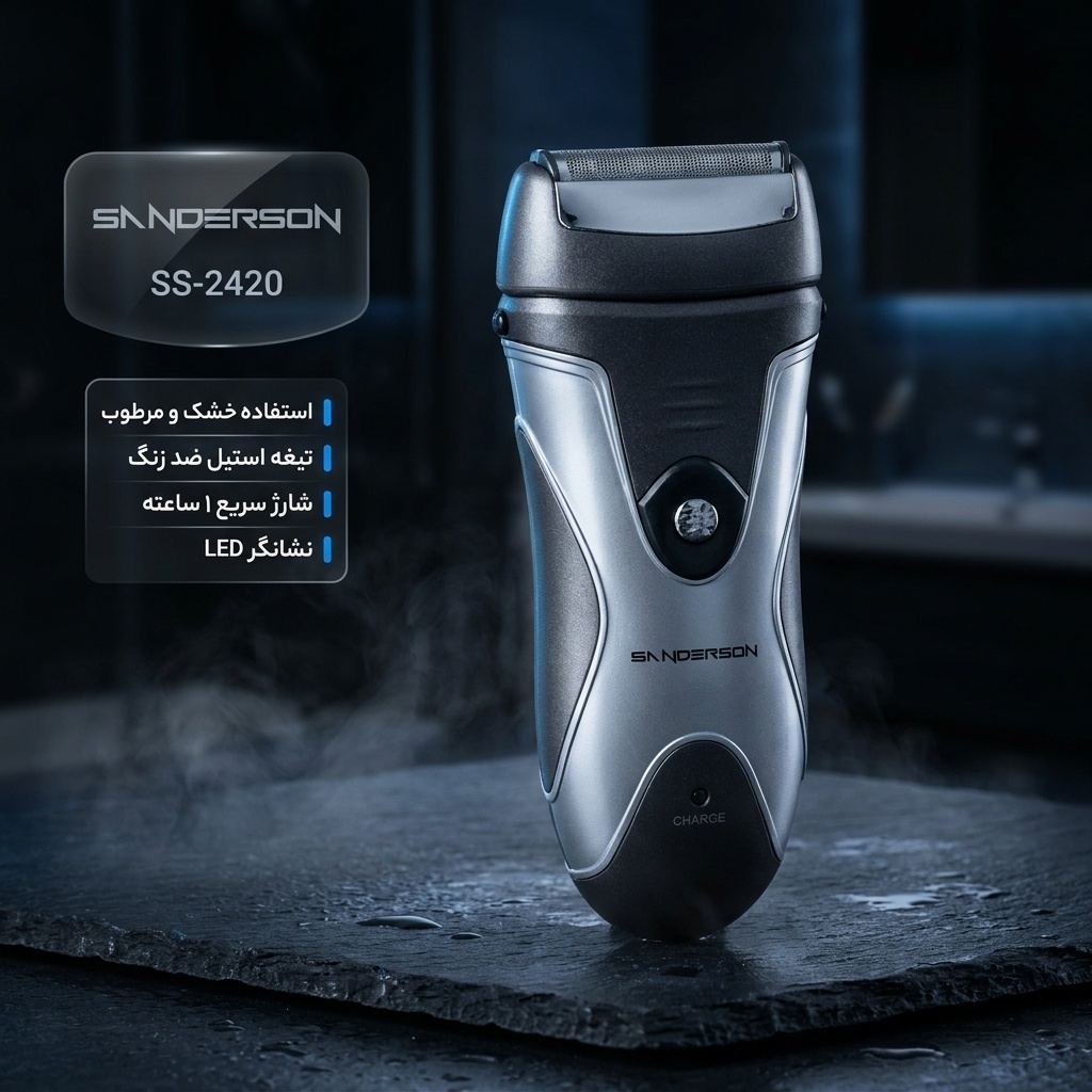 ماشین اصلاح موی صورت فویلی مدل SS-2420 با تیغه استیل ضد زنگ، قابلیت استفاده خشک و مرطوب، شارژ سریع و نشانگر LED