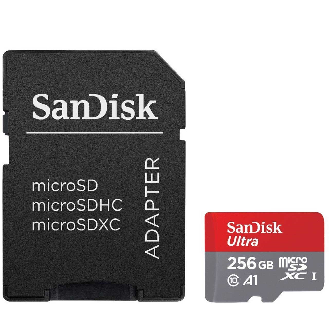 کارت حافظه microSDXC سن دیسک مدل Ultra کلاس10 و A1 استاندارد UHS-I U1 سرعت 95MBps 633X همراه با آداپتور SD ظرفیت 256 گیگابایت