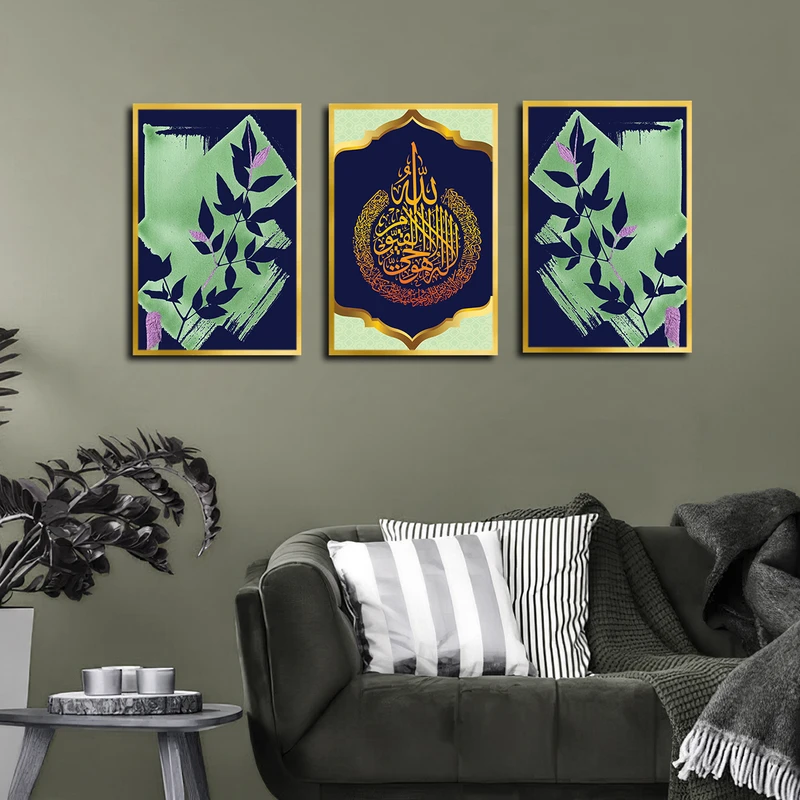 تابلو بکلیت طرح برگ مدل T-3582 فریم طلایی مجموعه 3 عددی