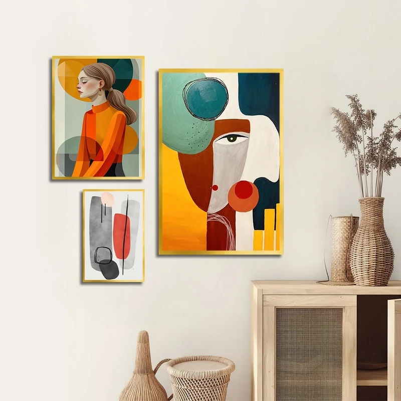 تابلو بکلیت طرح نقاشی مینیمال و کوبیسم مدل شاین اکلیلی T-2322 فریم طلایی مجموعه 3 عددی