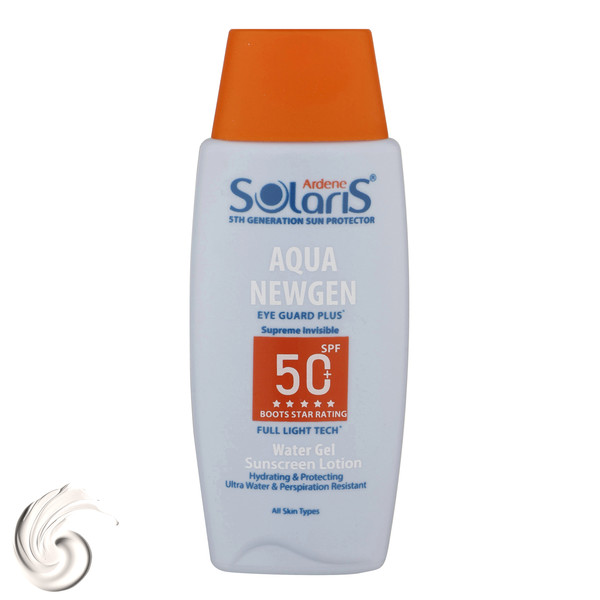 لوسیون ضد آفتاب بدون رنگ آردن سولاریس SPF50 مدل AQUA NEWGEN محافظ UVA ،UVB، ضد آب، مناسب انواع پوست حجم 100 میلی‌لیتر