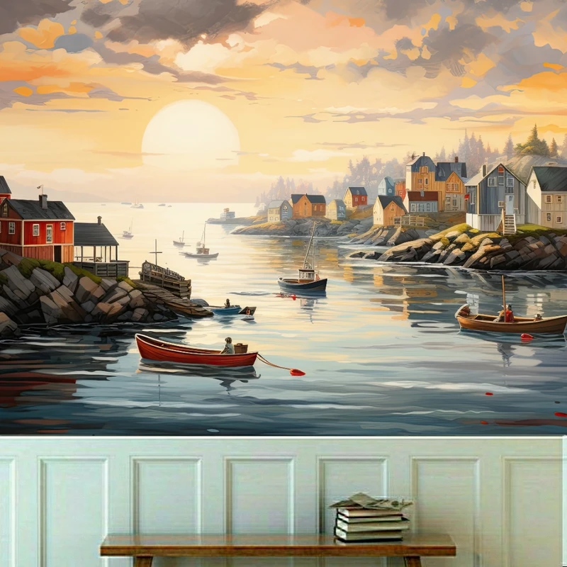 کاغذ دیواری طرح منظره رودخانه شهری و قایق کد KF633